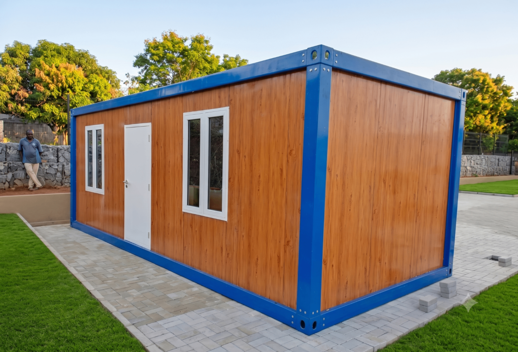Portable wooden prefab cabin with blue steel frame by Prefab World